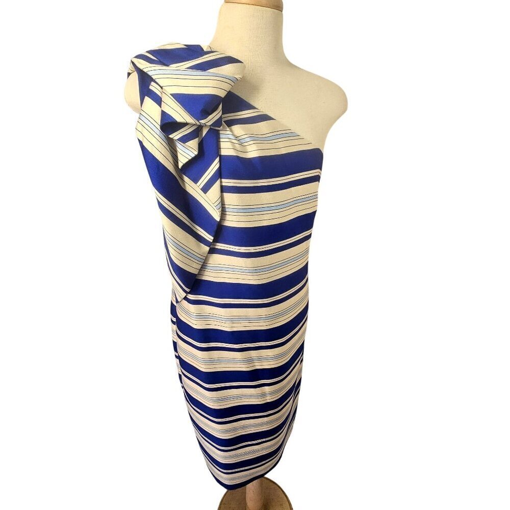 Banana Republic One Shoulder Bow Sheath Dress Sz 10 Blue Cream Stripe NWT